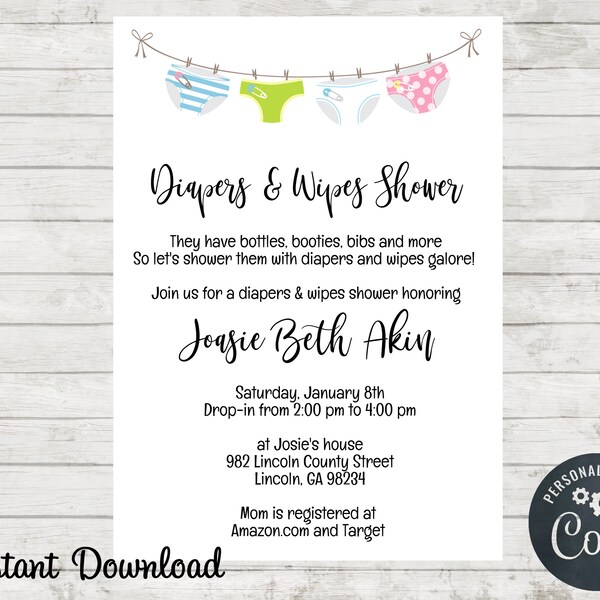 Diapers and Wipes Baby Shower Invitation, Diaper Shower, Gender Neutral Invitation, Invite, Instant Download, Printable Invitation