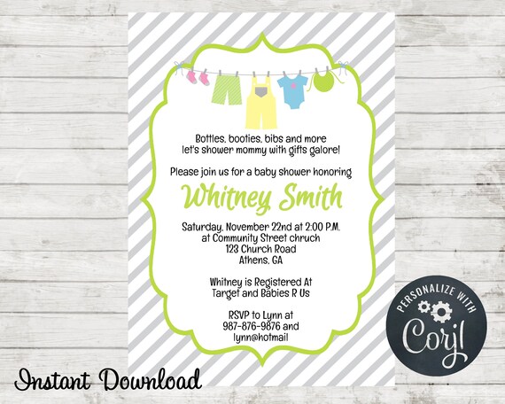 Baby Shower Invitation, Clothesline baby Invite, Baby Boy, Gender Neutral, Edit in Corjl, Instant Download, Baby Boy Shower Invitation Il_570xn