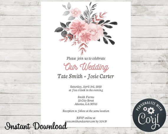 Printable Blush and Gray Wedding Invitation - Wedding Shower - Grey - Baby Shower - Edit in Corjl - Instant Download Il_570xn