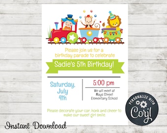 Drive By Birthday Parade Invitation, Quarantine Birthday, Circus Train Birthday Invitation, Invite, Instant Download