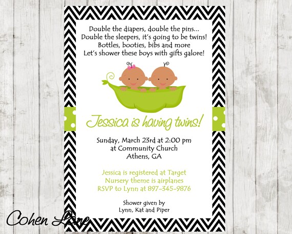 Two Peas In A Pod Invitation. Twins Baby Shower Invite. Twins Invitation. Boy and Girl Twins invite. African American Twins Invite. Digital Il_570xn