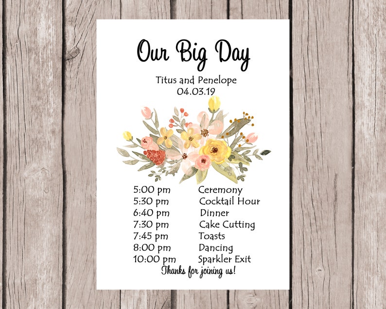 Printable Day Of Event Wedding Timeline Card Wedding Etsy