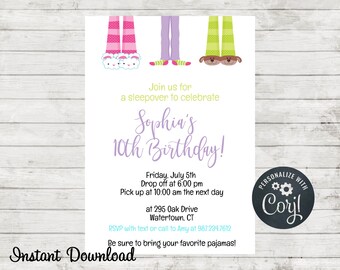 Sleepover Birthday Party Invitation, Pajama Birthday Party, Pajama Party, Slumber Party, Birthday Invite, Edit in Corjl, Sleepover