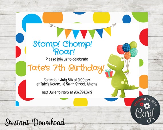 Dinosaur Birthday Party Invitation, Dinosaur Invite, Simple Dino Invitation, Sleepover, Birthday, Instant Download, Corjl Il_570xn