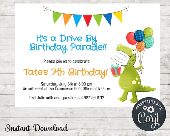 Dinosaur Drive By Birthday Parade Invitation, Instant Download, Edit in Corjl, Birthday Party Invite, Dinosaur Invitation, Mask Invitation Il_570xn