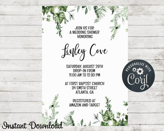 Greenery Wedding Shower Invitation, Greenery Invite, Wedding Shower, Baby Shower, Wedding Invitation, Instant Download, Birthday Invite Il_570xn
