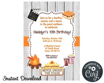 Printable Birthday Party Invitation. Camping invite.  Bonfire, Smores and Outdoor Movie Invitation. Fall invitation, Autumn Invite