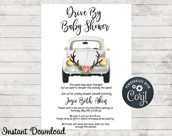 Drive By Baby Shower, Quarantine Shower, Boho Antlers, Baby Shower Parade, Invitation, Invite, Instant Download, Invitation Template