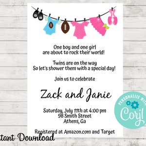 Twins Invitation, Twins Baby Shower Invite, Boy and Girl Twins, Digital Invite, Twin Invite, Edit in Corjl, Invitation Template image 1