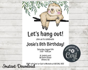 Sloth Invitation, Sloth Birthday Party Invitation, Invite, Printable, Digital Invite, Instant Download, Invitation Template, Watercolors