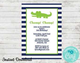 Alligator Birthday Invitation.  Alligator Baby Shower Invitation. Gator Invite. Edit in Corjl. Instant Download. Printable