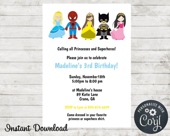 Superhero And Princess Birthday Party Invitation Superhero Etsy Superhero And Princess Birthday Party Invitation Superhero Etsy