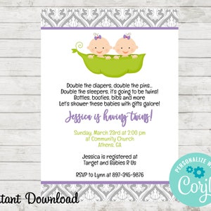 Twins Baby Shower Invitation, Two Peas In a Pod Baby Shower Invitation, Twin Girls, Twin Invite, Edit in Corjl, Drive By Twin Baby Shower