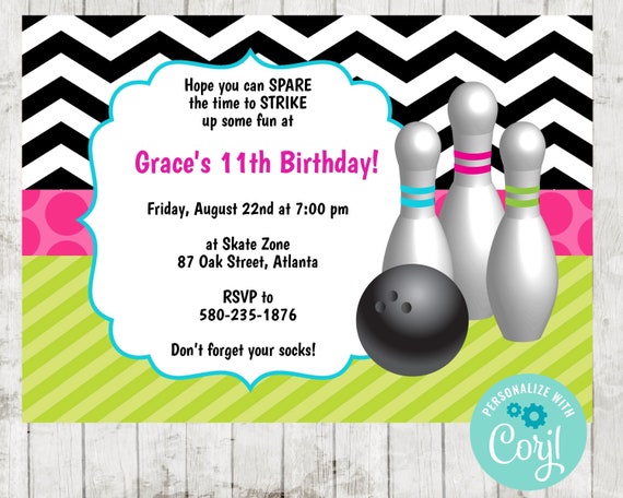 Fun Girls Bowling Birthday Party Invitation, Instant Download, Bowling Invite, Edit in Corjl Il_570xn