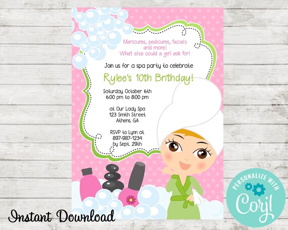Spa Birthday Party Invitation, Instant Download, Edit in Corjl, Spa Party Invite, Sleepover Invite Il_570xn