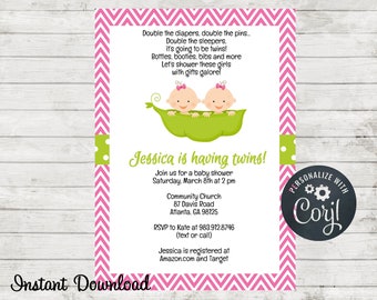 Twin Girls Baby Shower Invitation, Twins, Two Peas In a Pod, Twin Invite, Edit in Corjl, Instant Download