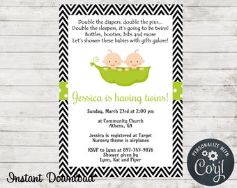 Twins Invitation, Two Peas In a Pod Baby Shower Invitation, Digital Invite, Twin Invite, Edit in Corjl