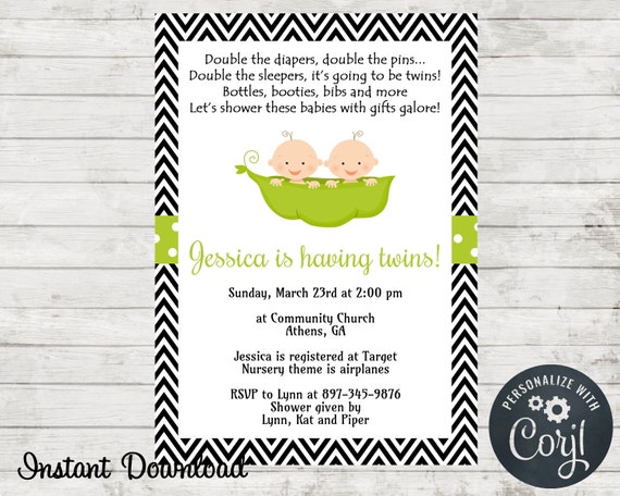 Twins Invitation, Two Peas In a Pod Baby Shower Invitation, Digital Invite, Twin Invite, Edit in Corjl Il_570xn