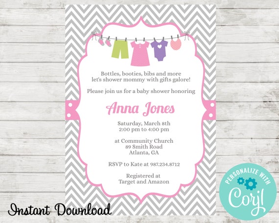 Baby Girl Baby Shower Invitation - Clothesline Invitation - Edit in Corjl - Instant Download Il_570xn