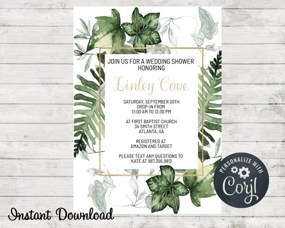 Greenery Wedding Shower Invitation, Greenery Invite, Wedding Shower, Baby Shower, Wedding Invitation, Instant Download, Birthday Invite Il_570xn