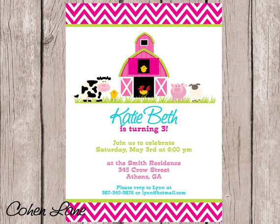 Pink Barnyard Farm Birthday Party Invitation - Farm Animals invite - Petting Zoo Party Invitation Il_570xn