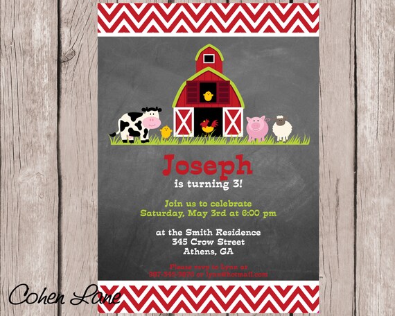 Farm Birthday Party Invitation - Red Barn and Barnyard Animals Petting Zoo Invite - Printable Farm Animals Il_570xn