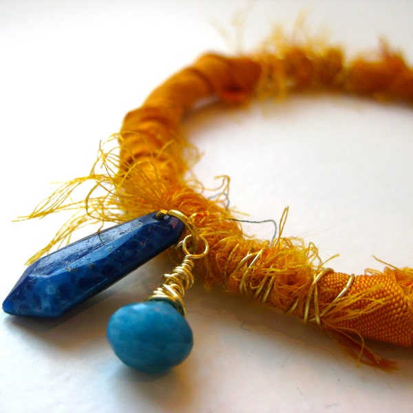 SALE!! Sari bracelet in mustard yellow and blue, with lapis and chrysocolla