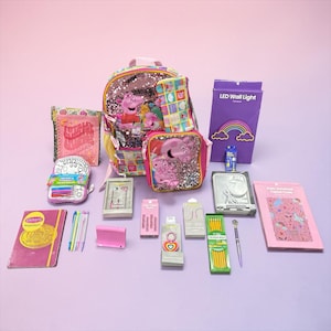 May include: A collection of school supplies including a Peppa Pig sequin backpack and lunch bag, a purple LED rainbow wall light box, a pink notebook, a kids universal tablet case, yellow pencils, colorful pens, and various small electronic accessories.