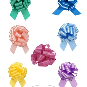 May include: An assortment of colorful pull bows in shades of green, blue, pink, purple, and yellow. Each bow has a looped design with long, ribbon tails. The text "Ribbon Pull Bows" is displayed at the bottom of the image.