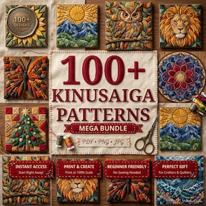 Peut inclure: Une collection de 100+ modèles Kinusaiga présentant divers motifs dont un tournesol, un paysage de montagne, un hibou, un lion, un papillon, un mandala et un sapin de Noël. Le texte central indique 100+ KINUSAIGA PATTERNS MEGA BUNDLE PDF PNG JPG.