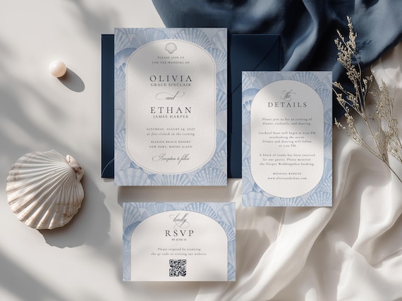 Coastal Wedding Invitation Template | Blue Beach Wedding Invitation | Wedding Invitation Suite | Seaside Wedding Invite | Editable in Canva