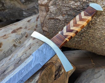 Espada vikinga de acero de Damasco hecha a mano: mango de palisandro, réplica de coleccionista.