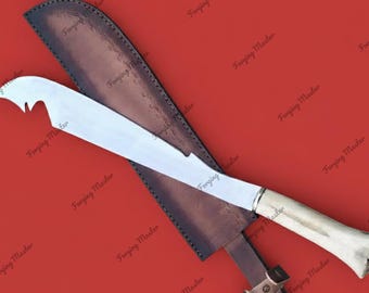 Cuchillo machete hecho a mano inspirado en Predator, hoja estilo Rambo para bushcraft con funda de cuero.