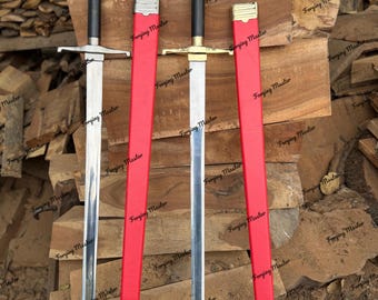 Juego de espadas dobles hechas a mano inspiradas en Geralt: réplica plateada y dorada para exhibición, pieza de colección con funda de cuero.