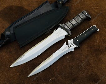 Juego de cuchillos tácticos de acero D2 hechos a mano – Krusar Bowie con fundas de cuero