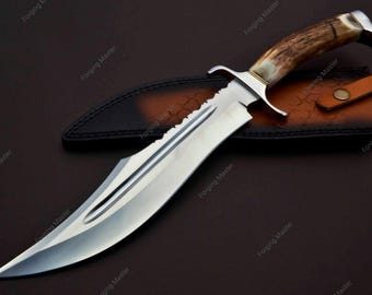 Cuchillo Bowie artesanal personalizado – Mango de asta de acero D2 de 35,5 cm, cuchillo de exterior de espiga completa con funda de cuero, regalo para él.