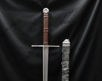 Espada vikinga HEMA hecha a mano personalizada: hoja de acero al carbono, mango de madera, empuñadura de cuero, con vaina.