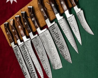 Damascus Steel Kitchen Knife 9 Piece Set | Wood Handle Culinary Collection gifts for him