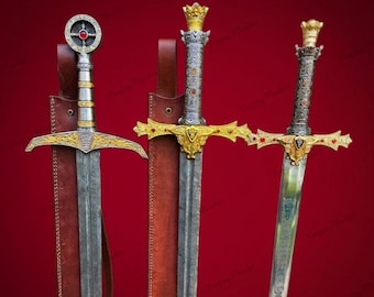 Handmade King Arthur Excalibur Sword Set – 3 Stainless Steel Replicas with Leather Sheaths