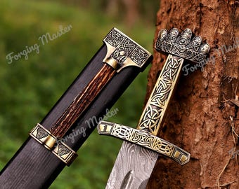 Espada vikinga medieval de acero de Damasco hecha a mano / con vaina. Decoración y regalo de colección para él.