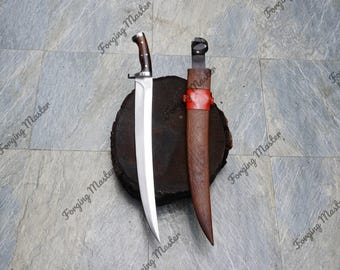 Handmade High Carbon Steel Chopper, Rosewood Handle, Leather Sheath, Collectible Display Artifact