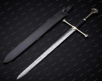 Espada larga de acero de Damasco hecha a mano (96,5 cm) – Espada de caballero medieval con funda de cuero – Regalo de coleccionista