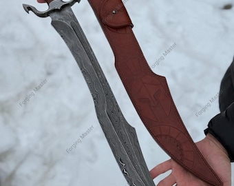 Espada espartana de acero de Damasco forjada a mano con funda de cuero