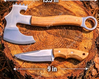 Juego de hacha vikinga hecha a mano de acero al carbono con funda y letras, regalo para amigos.
