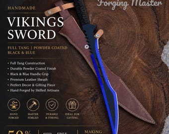 Handmade Viking Sword, Carbon Steel, Black Blue Finish, Leather Sheath, Norse Decor