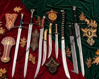 Handmade Fantasy Medieval LOTR Sword Replica Set Steel Blade Cosplay Prop Gamer Gift, Wall Display
