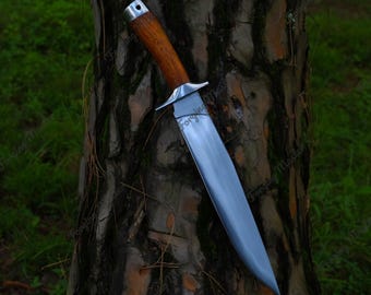 Machete artesanal personalizado, hoja de acero al carbono, mango de palisandro, funda de cuero cosida a mano, regalo de bushcraft.