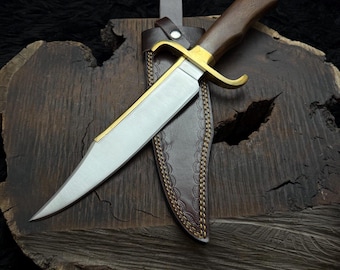 Cuchillo Bowie Alamo Musso de acero D2 hecho a mano con funda de cuero – Diseño vintage, madera pulida