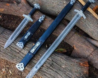 Réplica de espada vikinga hecha a mano con hoja de acero de Damasco, pieza de exhibición de guerrero nórdico con vainas.