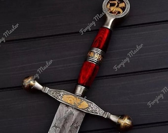 Espada templaria de acero de Damasco, estilo vikingo medieval, forjada a mano, pieza de colección con vaina.